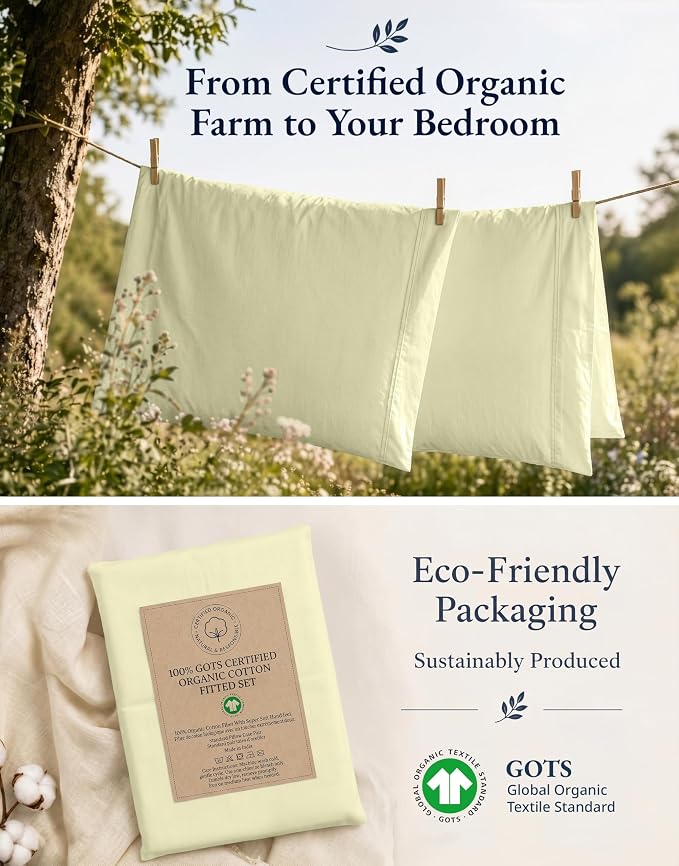 LANE LINEN Twin Fitted Sheets, 100% Organic Cotton 2-Piece Set (1 Fitted Sheet, 1 Pillowcase), Percale Weave, Bottom Sheet, Soft, Breathable, Fits Mattress Upto 15' Deep - Vanilla (No Flat Sheet)