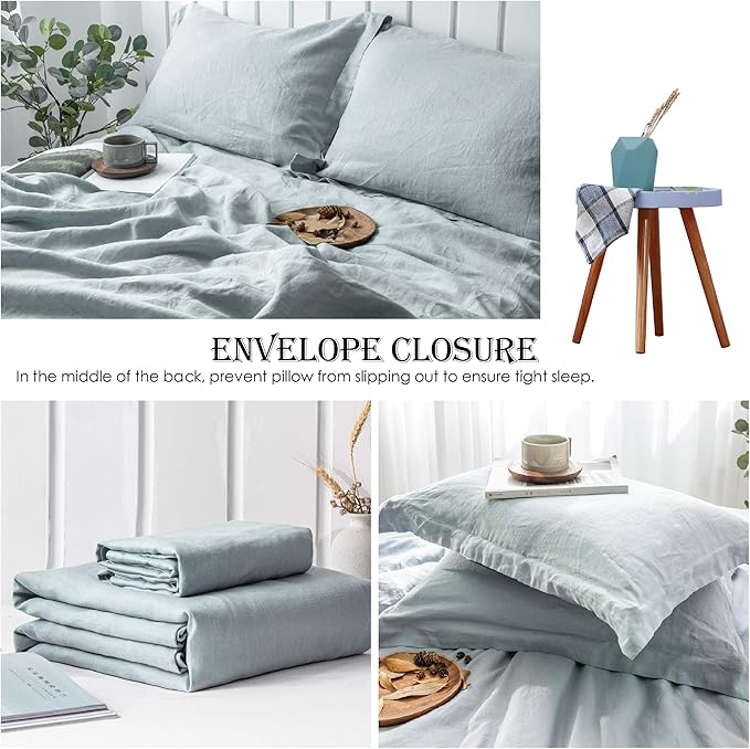 Simple&Opulence 100% Linen Duvet Cover Set 3pcs Basic Style Natural French Washed Flax Solid Color Soft Breathable Farmhouse Bedding with Button Closure - Dusty Blue, California King