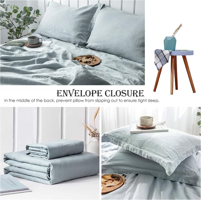 Simple&Opulence 100% Linen Duvet Cover Set 3pcs Basic Style Natural French Washed Flax Solid Color Soft Breathable Farmhouse Bedding with Button Closure - Dusty Blue, Queen