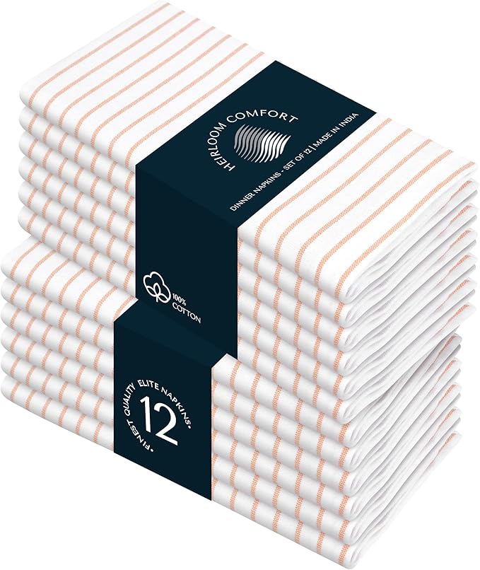 Mustard Yellow Stripe Cloth Napkins Set of 12, 18x18 Inch, 100% Cotton, Classic Striped Table Linen for Thanksgiving, Fall, Reusable and Machine Washable Napkin for Everyday Dining