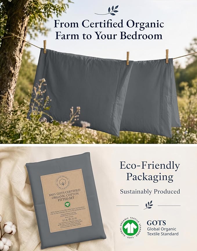 LANE LINEN 100% Organic Cotton Fitted Sheet Twin XL Size (No Flat Sheet) - Soft & Breathable Percale Weave Fitted Sheet Set For Added Comfort - 15''Deep Pocket For Snug Fit - GOTS Certified - Charcoal