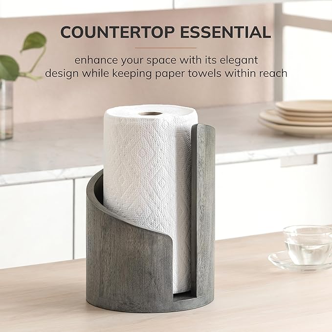 Anji Mountain Wooden Paper Towel Holder Countertop with Mango Wood Round Base and Iron Holder, Holder Stand for Kitchen Roll Organizer & Kitchen Dining Table Home Decor - Greige/Nickel, Classic