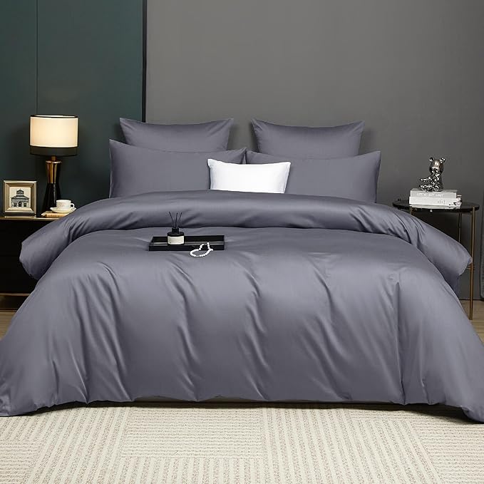 Gray Cotton Duvet Cover Set Twin 100% Long-Staple Cotton Sateen Bedding Set, Soft Breathable Smooth Organic Pure Cotton Plain Comforter Cover, Luxury Minimalist Bedroom Decor for All Season