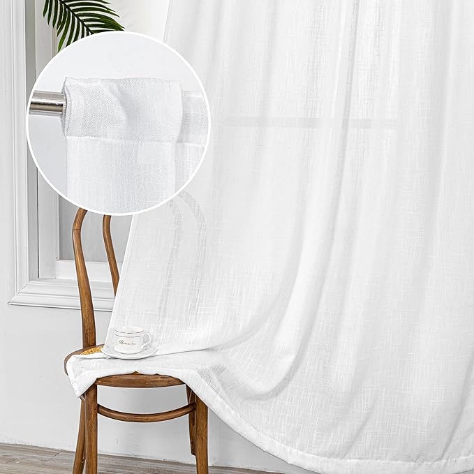 MYSKY HOME White Linen Sheer Curtains 63 inch length Light Filtering Semi Sheer Curtains for Bedroom Short Window Treatment Privacy Protect Drapes Set, Back Tab Boho Farmhouse Soft, 50" Wide, 2 Panels
