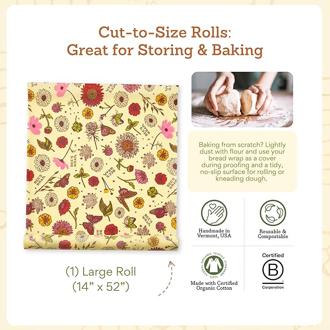 Bee's Wrap Beeswax Wraps for Food - Cut to Size 14x52" Beeswax Wrap Roll - Plastic Free Made in USA Reusable Natural Food Wrap - Meadow Magic