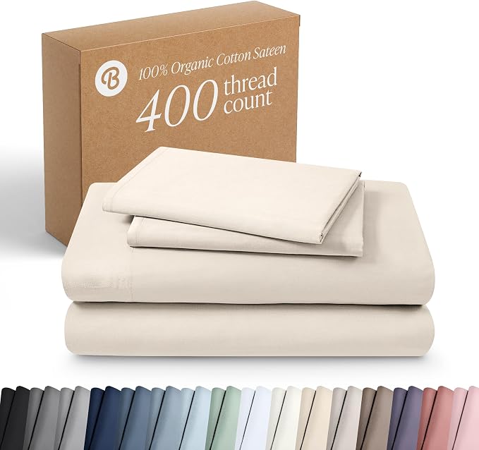 Bare Home 100% Organic Cotton Twin Extra Long Sheet Set - 400 Thread Count - Smooth Sateen Weave - Breathable & Cooling - Hotel Luxury Set - Deep Pocket Bed Sheets (Twin XL, French Beige)