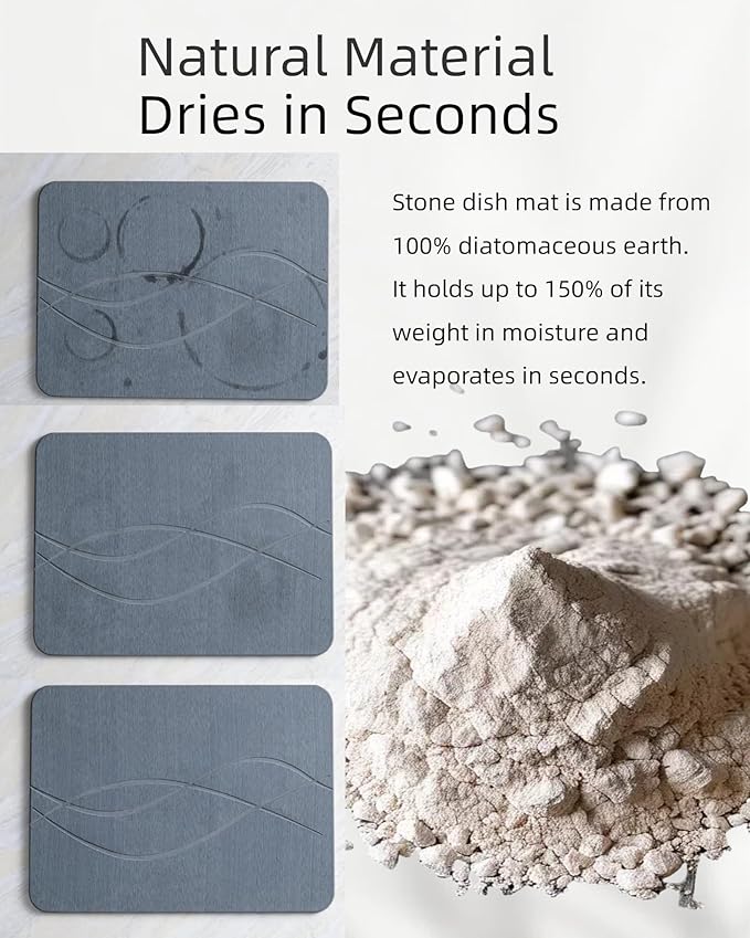 Stone Dish Drying Mat for Kitchen Counter, Super Absorbant Fast Drying Diatomaceous Earth Stone Dish Drying Mat Compact, Kitchen Mat Small Nonslip Heat Resistant, 15.8*11.8'',Gray