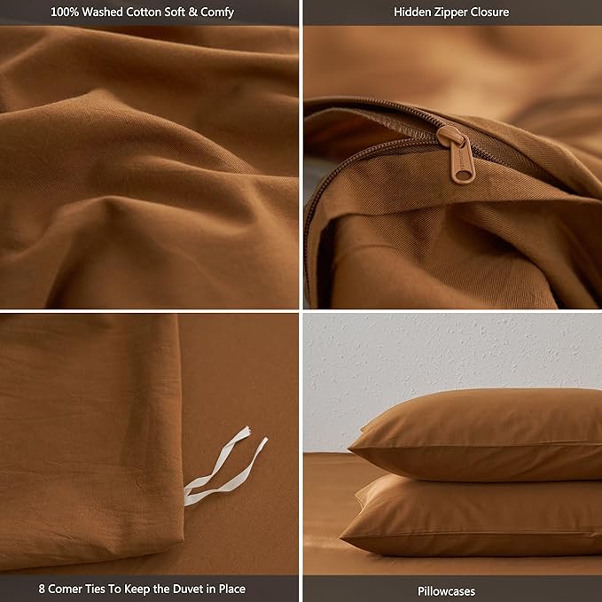 MooMee Twin Duvet Cover Set, 100% Washed Cotton Linen Like Twill Thick Sturdy Material Super Soft Breathable Durable Bedding for All Season, 2 Pieces (Dark Orange, Twin 68"x90")
