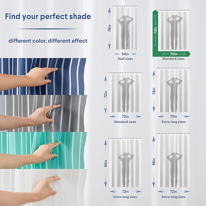 Clorox Shower Curtain Liner, Premium Striped Medium-Weight Durable Waterproof 6g PEVA for Bathroom with Weighted Magnets, Printed Standard Size 72" x 72", Navy