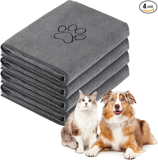 Chumia 4 Pack Dog Towels for Drying Large Microfiber Grooming Tools Absorbent Soft Bath Supplies with Embroidered Paw for Small Medium Pet Products(30 x 50 Inch,Gray)