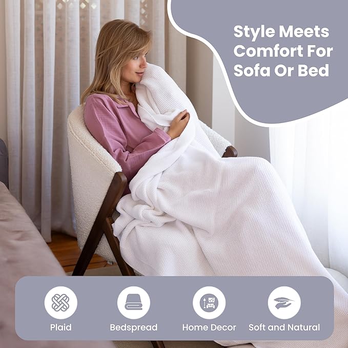 Dalisa 100% Organic Turkish Cotton Throw Blanket - GOTS Certified, Cozy - Perfect for Couch, Bed, and Home Decor - Boho Vintage Knit Alina (White, 60x80)