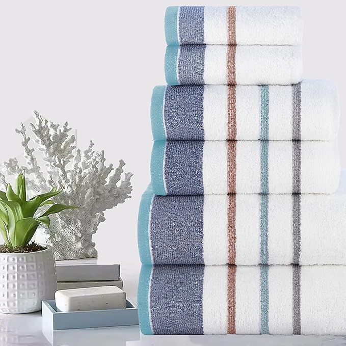 CASA COPENHAGEN White Bay 6Pcs 100% Egyptian Cotton Large Designer Towels Gift Set- Silver Grey - Denim, 600GSM, 2Bath 2Hand 2Washcloths, Bath Towels for Bathroom (Gift Set for Women & Men)