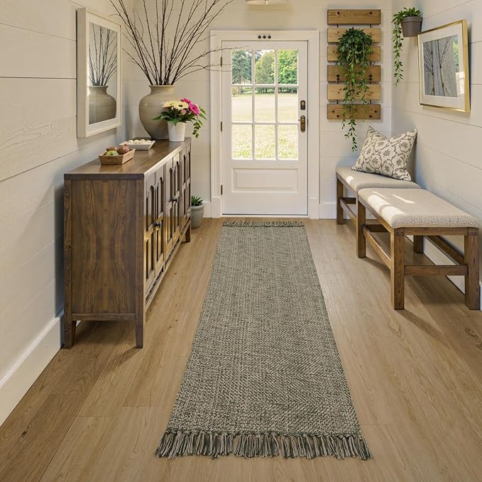 Collive Long Hallway Runner Rug 2.6' x 7', Washable Rugs Indoor Entryway Runner Rug, Modern Natural/Green Kitchen Runner Rugs Cotton Braided Low-Profile Bedroom Carpet for Laundry Room Bathroom