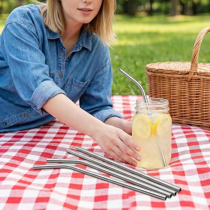 Dsmile 12 Pcs Reusable Stainless Steel Straws - 0.31'' wide 3 Size： 12.2''10.5''8.5''Long,Including 6 Straight and 6 Bent Clear Glass Straws with 2 Cleaning Brush for Smoothies, Coffee, Juice, Sodas