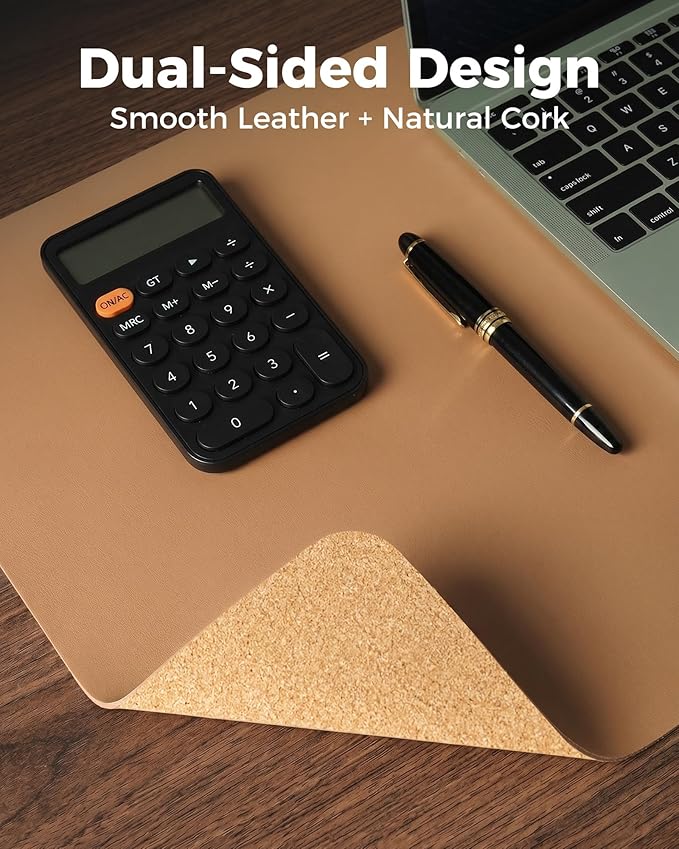 Aothia Cork Desk Mat - Dual-Sided Extra Large Desk Pad & Keyboard Mat, Long PU Leather Desk Protector, Waterproof Desktop Blotter (47" x 17", Apricot)