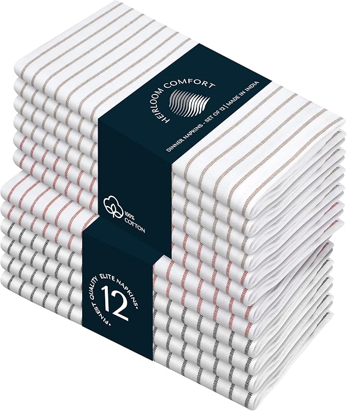 Multi Pack Stripe Napkins Set of 12, 18x18 Inch, 100% Cotton, Classic Striped Durable Table Linen for Dinners, Wedding, Reusable and Washable for Everyday Dining - Beige, Rust, Black