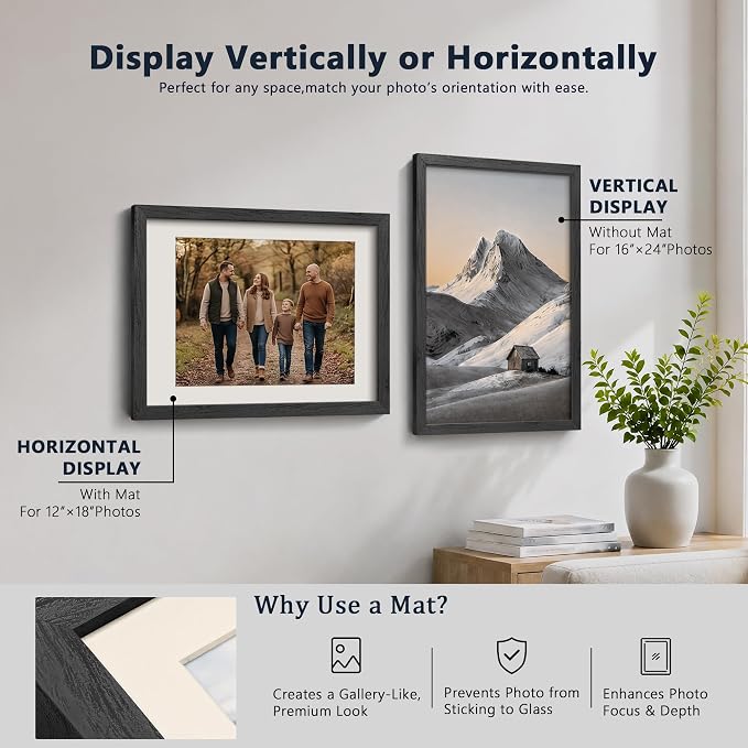 VCK 16x24 Picture Frame Black 3 Pack, Wide Border Solid Wood, Display 12x18 Photo with Mat or 16 x 24 without, for Home, Office, Gallery, Woodgrain Series, Wall Hanging