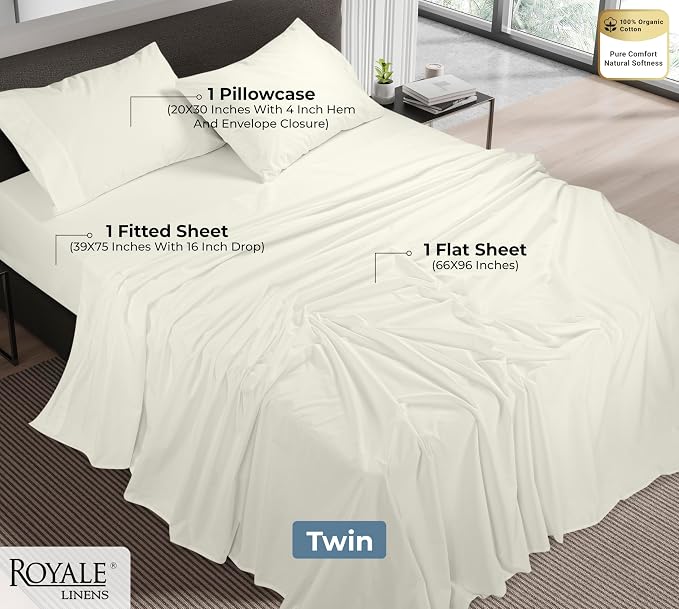 ROYALE LINENS 100% Organic Cotton Twin Sheet Set - Percale Weave - 3 Pieces Set - 1 Flat, 1 Deep Pocket Fitted Sheet and 1 Pillowcases - Ivory Bed Sheets - Sábanas Twin - Crisp Cool (Ivory)