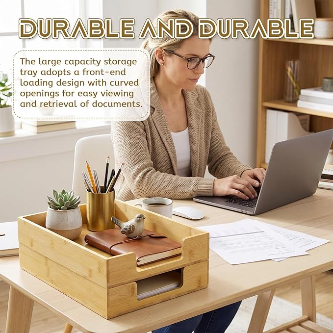 Mifoci 2 Pcs Wood Letters Tray Bamboo Stackable Paper Organizer Letter Tray, Desktop File for A4 Documents, Wooden Office Paper Holder Stacking for Home School Workspace