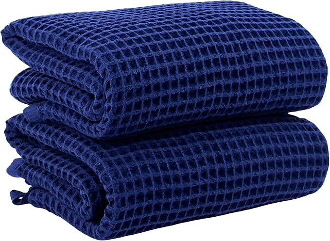 PÜSKÜL Pack of 2 Waffle Bath & Spa Towels - Premium 100% Turkish Organic Cotton - Quick Dry Thin Bath Towel for Bathroom - Made in Turkey (Navy Blue, 32x63 inch)