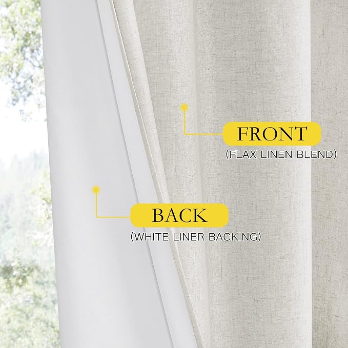 NICETOWN 100% Blackout Linen Curtains with Thermal Insulated White Liner, Ivory, 52" W x 63" L, Set of 2, Burlap Textured Linen Look Privacy Window Treatment for Kitchen, Farmhouse Style
