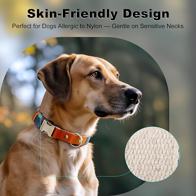 Plutus Pet Genuine Leather & Hemp Dog Collar – Adjustable Heavy Duty Pet Collar with Quick Release Metal Buckle, Soft & Stylish for Puppy and Small, Medium, Large Dogs (Blue, L)