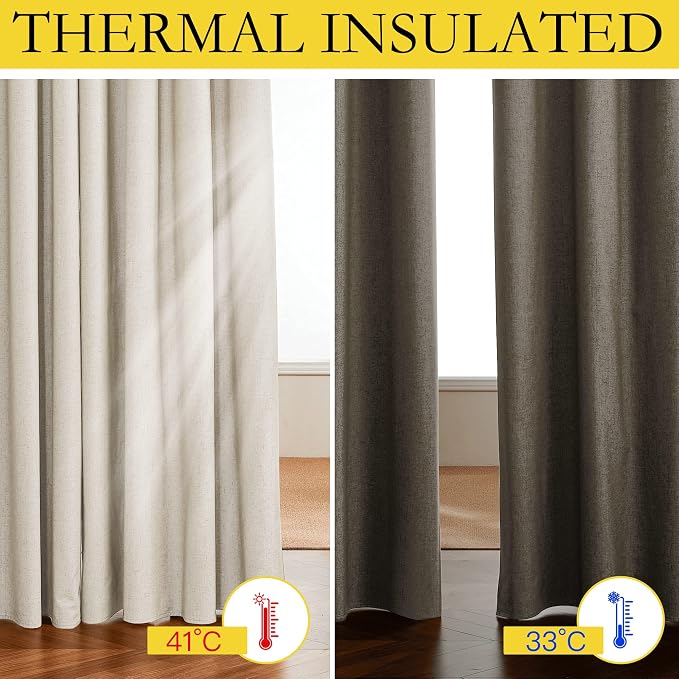 NICETOWN 100% Blackout Linen Curtains for Living Room with Thermal Insulated White Liner, W52 x L84, 2 Panels, Rod Pocket & Back Tab Retro Vertical Drapes Privacy for Bedroom, Champagne