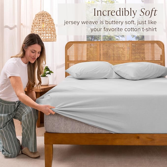 Bare Home 100% Organic Cotton Jersey Fitted Sheet - King Size - Ultra Soft - Deep Pocket Fitted Sheet - 100% Cotton - Ring Spun Yarns (King, Cloud Grey)