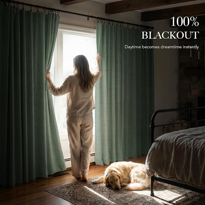 RYB HOME Sage Green 100% Blackout Curtains 90 inches Long, Thermal Insulated Linen Texture Drapes for Bedroom/Living Room, Elegant Farmhouse Curtains Back Tab&Rod Pocket, W52xL90, 2 Panels
