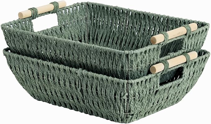 StorageWorks Extra Large Wicker Storage Basket for Organizing with Wooden Handles, Toilet Paper Baskets for Bathroom, Bosana Green, 2-Pack