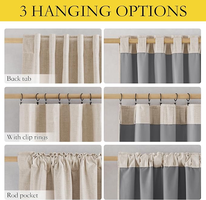 NICETOWN 100% Black Out Curtains 63 inch Long for Kitchen, Burlap Linen Drapes with Thermal Insulated Grey Liner, Keeping Out Cold Air and Heat Panels for Privacy (Set of 2, 52" Width, Beige)