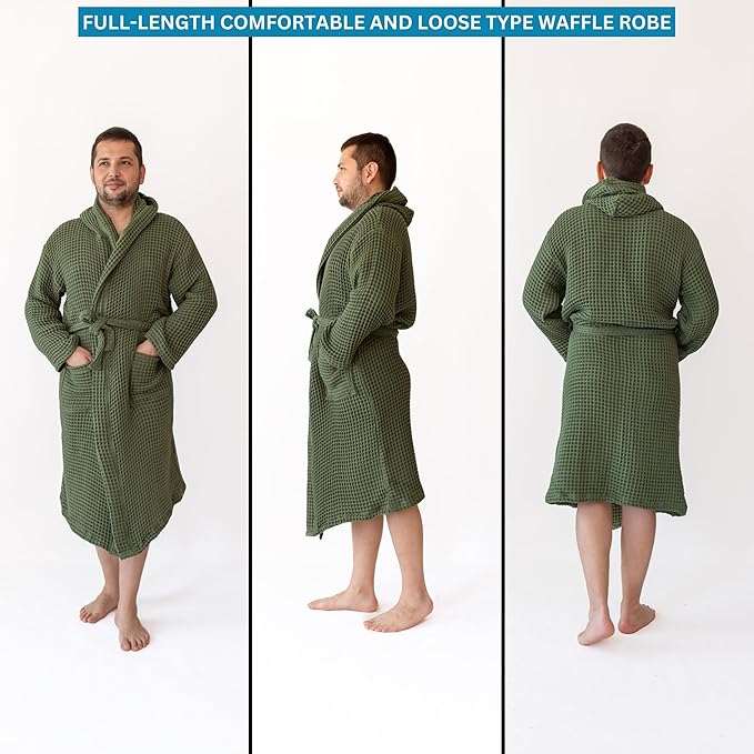Unisex Hooded Waffle Robe for Women & Men 100% Turkish Cotton | Quick-Dry Bathrobe | Cozy Housecoat for Lounging