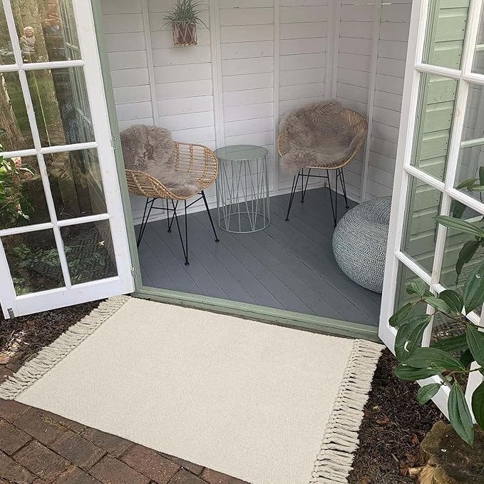 Collive Small Bathroom Rug, 2' x 3' Hand-Woven Low Profile Front Entryway Rug, White/Beige Cotton Reversible Washable Kitchen Mat Modern Farmhouse Carpet for Foyer Bedroom Back Door Decor