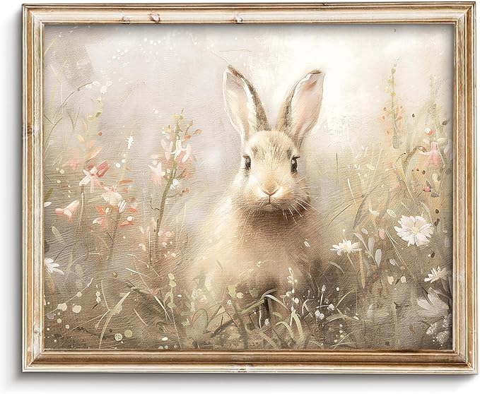 Vodefoad Easter Bunny Vintage Print, Rabbit in Spring Landscape Painting, Funny Rustic Summer Decor, Hare Nursery Wall Art Printable, Neutral Moody Meadow Oil Painting Vintage Art Pictures for Bedroom Bathroom Decor - 8x10Inch Unframe