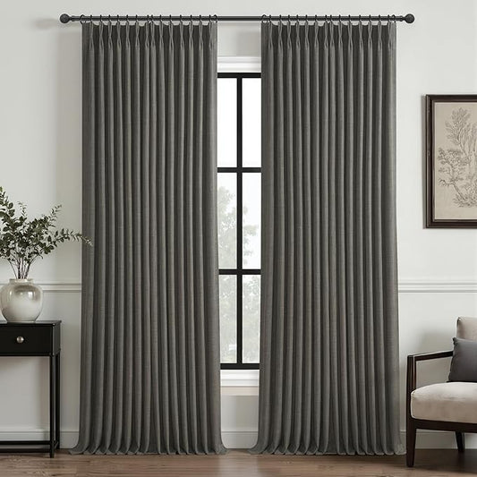 Memory Trained Pinch Pleated 96 Inch Viral Curtains for Living Room 2 Panels Set, Dark Grey Blackout Double Layer Linen Thermal Privacy Noise Reducing Elegant Windows Curtain for Kids Room 8 FT Length