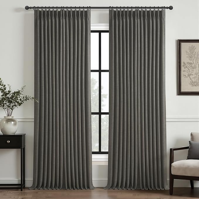 Dark Grey Double Layer Thick Linen Floor Length Curtains 102 Inches Long for Bedroom, Blackout Memory Trained Pinch Pleated Soundproof Insulated Textured Windows Drapes for Office Burg 2 Panels Set