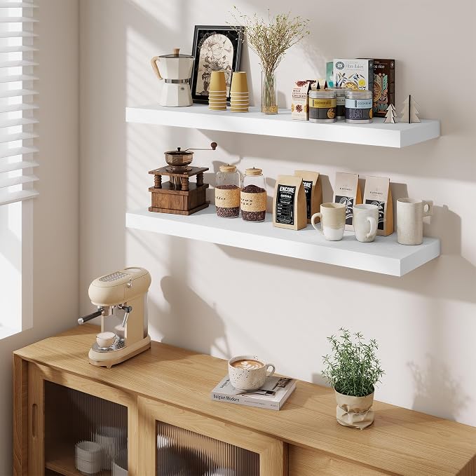 Fun Memories Floating Shelves Set of 3, 40 Inch Long Wooden Wall Shelves, 10 Inch Deep Wall Mounted Storage Shelf with Metal Brackets for Living Room, Bathroom, Bedroom and Kitchen, White