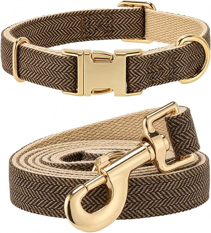 Herringbone Tweed Dog Collar and Leash Set for Large Dogs, Grey-Brown | Snag-free, no-rub design. Soft breathable cotton, gentle on fur. Adjustable durable matching combo for walks & outdoors.