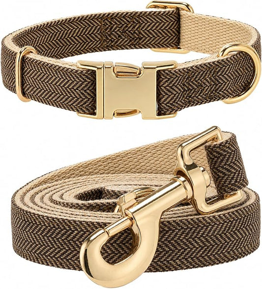 Herringbone Tweed Dog Collar and Leash Set for Small Dogs, Grey-Brown | Snag-free, no-rub design. Soft breathable cotton, gentle on fur. Adjustable durable matching combo for walks & outdoors.