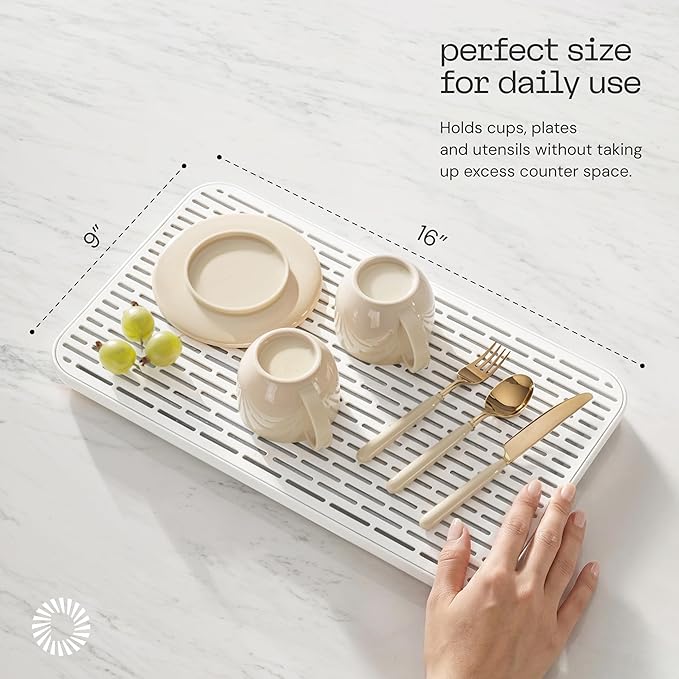 Deepstone 3-Layer Stone Dish Drying Mat for Kitchen Counter - Diatomaceous Earth Quick Dry Mat with Removable Plastic Topper and Non-Slip Base Pad, 16 x 9 in (White)