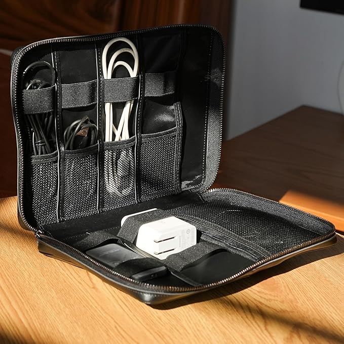 Polare Full Grain Leather Travel Cable Organizer Case Electronics Accessories Carry Bag with YKK Zippers Tech Storage Bag for Cables, Power Bank, USB, SD Card, Travel Essentials