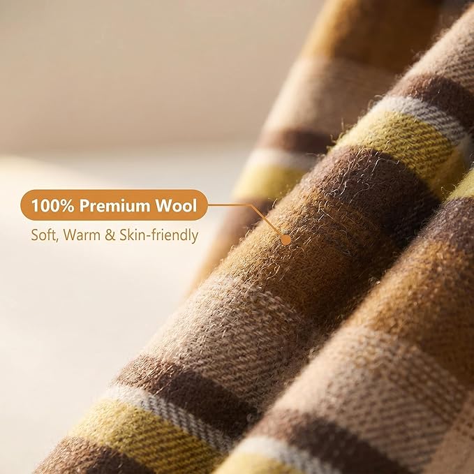 100% Wool Blanket Throw,Brown Plaid Wool Blanket with Compact Bag,Rustic Soft Lightweight Blanket for Couch,Sofa,Bed & Lounging Decoration, Warm Travel Blanket for Home, Airplane,Ideal Gifts 55"x83"