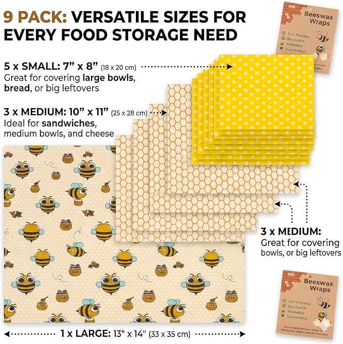 Beeswax Wraps for Food - 9 Pack Reusable Food Wraps | Sustainable, Plastic-Free Alternative to Plastic Wrap & Foil | Sandwich, Cheese, Bread & Bowl Covers for Eco-Friendly Food Storage