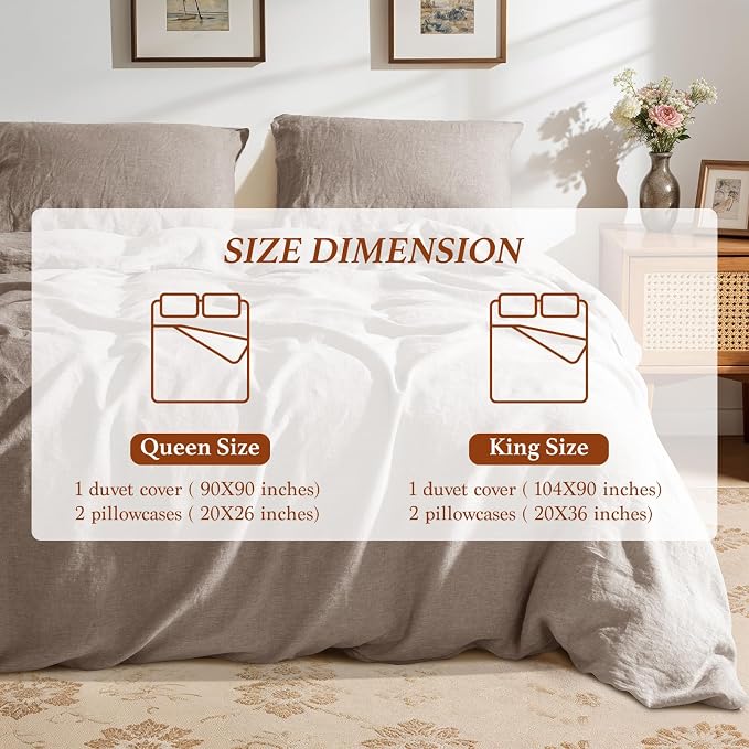 100% Pure Linen Duvet Cover Set King Size 3 Pcs Natural Linen Bedding Zipper Closure Breathable Soft Comforter Cover Sets, Cozy for All Season (King, Linen)
