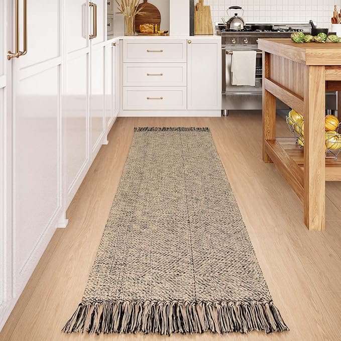 Collive Long Hallway Runners Rug 2.6x7, Farmhouse Washable Kitchen Runner Rug for Bedroom, Natural/Black Braided Woven Entryway Rug Low-Profile Front Door Floor Carpet for Laundry Bathroom Living Room