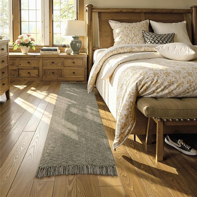 Collive Long Carpet Runners for Hallway 2.6x8ft, Washable Cotton Woven Kitchen Runner Rugs Low-Profile Entryway Rug, Natural/Green Modern Front Door Floor Carpet for Laundry Room Bedroom Doorway