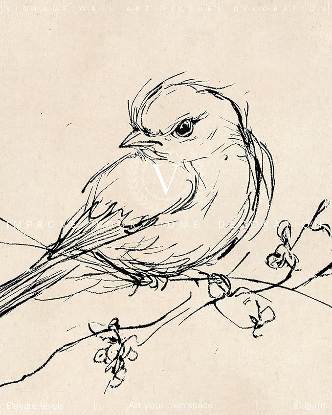 Vodefoad Vintage Sketch Bird Canvas Wall Art Minimalist Bird Sketch Art Prints Painting Retro Antique Nature Line Drawing Wall Picture Farmhouse Beige Decor for Gallary, Bedroom, Bathroom, Office, Desktop Decor - 8x10Inch Unframe