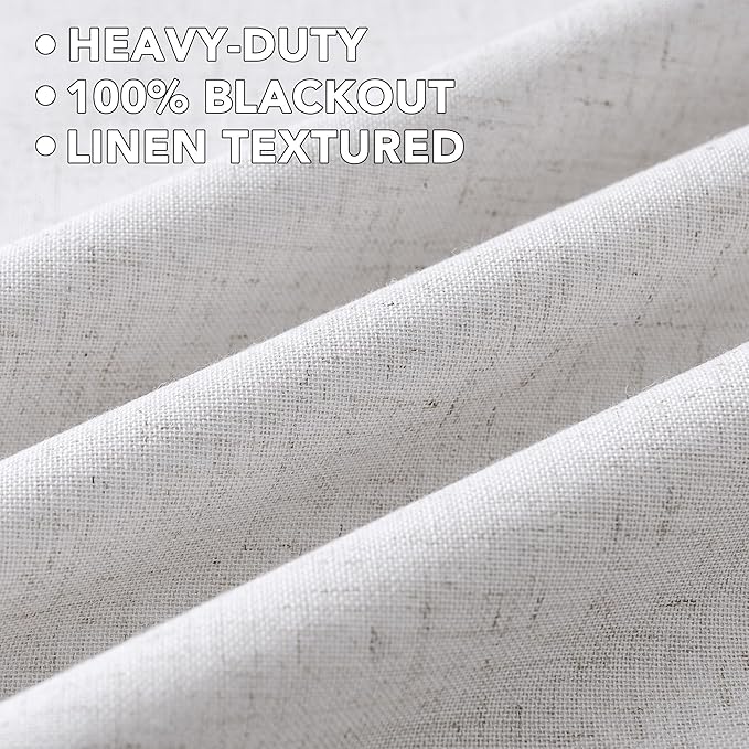 H.VERSAILTEX Linen Curtains 100% Blackout Curtains for Bedroom 90 inch Long Full Light Blocking Nature Linen Blended Window Curtains for Living Room Nickel Grommet (2 Panels, Heathered White)