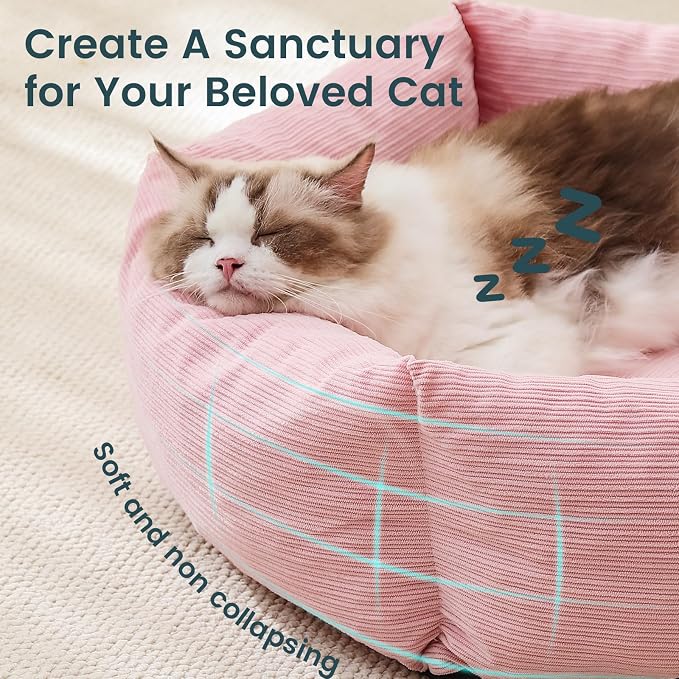 Cat Bed, 22 Inch Washable Corduroy Cat and Small Dog Bed with Removable Cover & Anti-Slip Bottom, Calming Comfort Pet Bed for Pets up to 15 lbs (Pink)