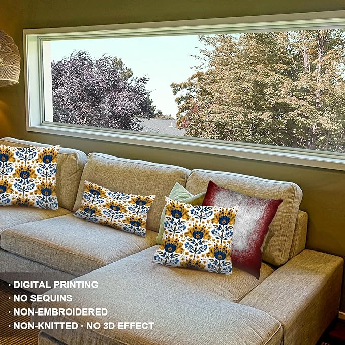 Shrahala Folk Art Floral Motifs Decorative Throw Pillow Cover, Blue Yellow Floral Pattern Lumbar Pillowcase Blended Double-Sided No Inserts for Bedroom Living Room Set of 2 (12 x 20 in)